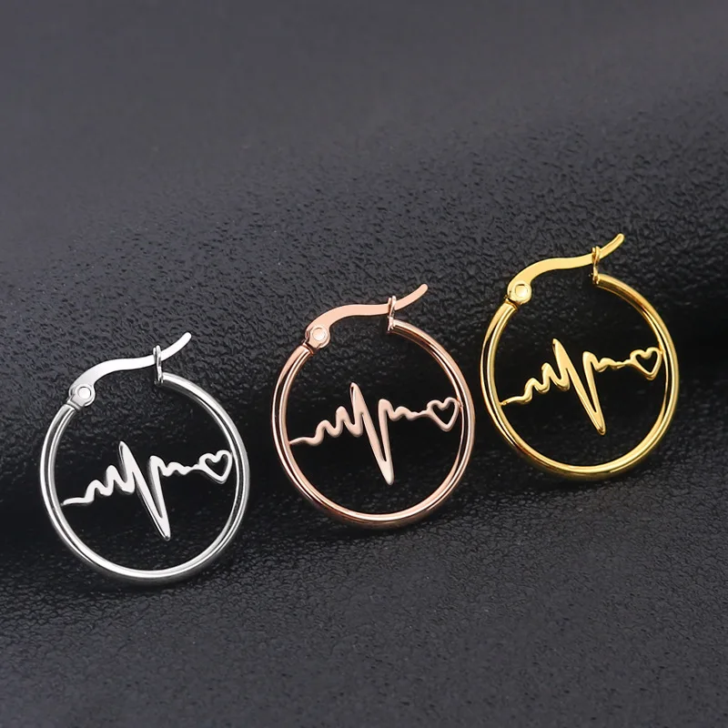 

Semitree Round Lightning Heart Hoop Earrings Stainless Steel Circle Earring Gift Women Accessories Party Jewelry Decoration