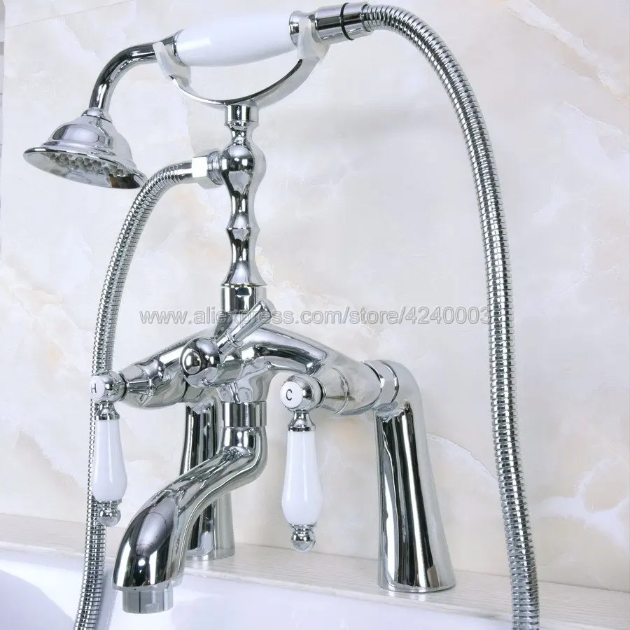 

Deck Mounted Chrome Bathtub Faucet Dual Handles Mixer Tap with Hand Shower Kna104