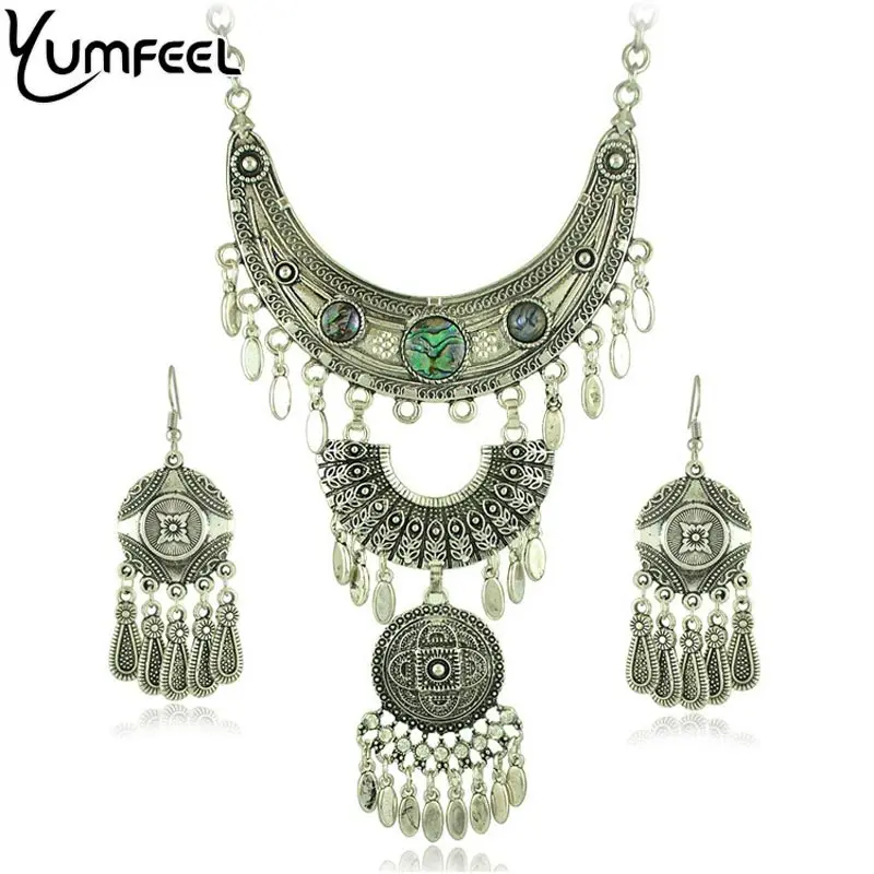 

Yumfeel Jewelry Sets Unique Vintage Silver Statement Necklace Earring Imitation Shell Jewelry Set