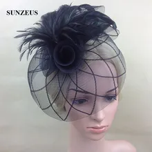 Черный тюль Свадебные шляпы Для женщин Шапки с перьями цветы fascinators для Для женщин Элегантный Капелло Sposa SH14