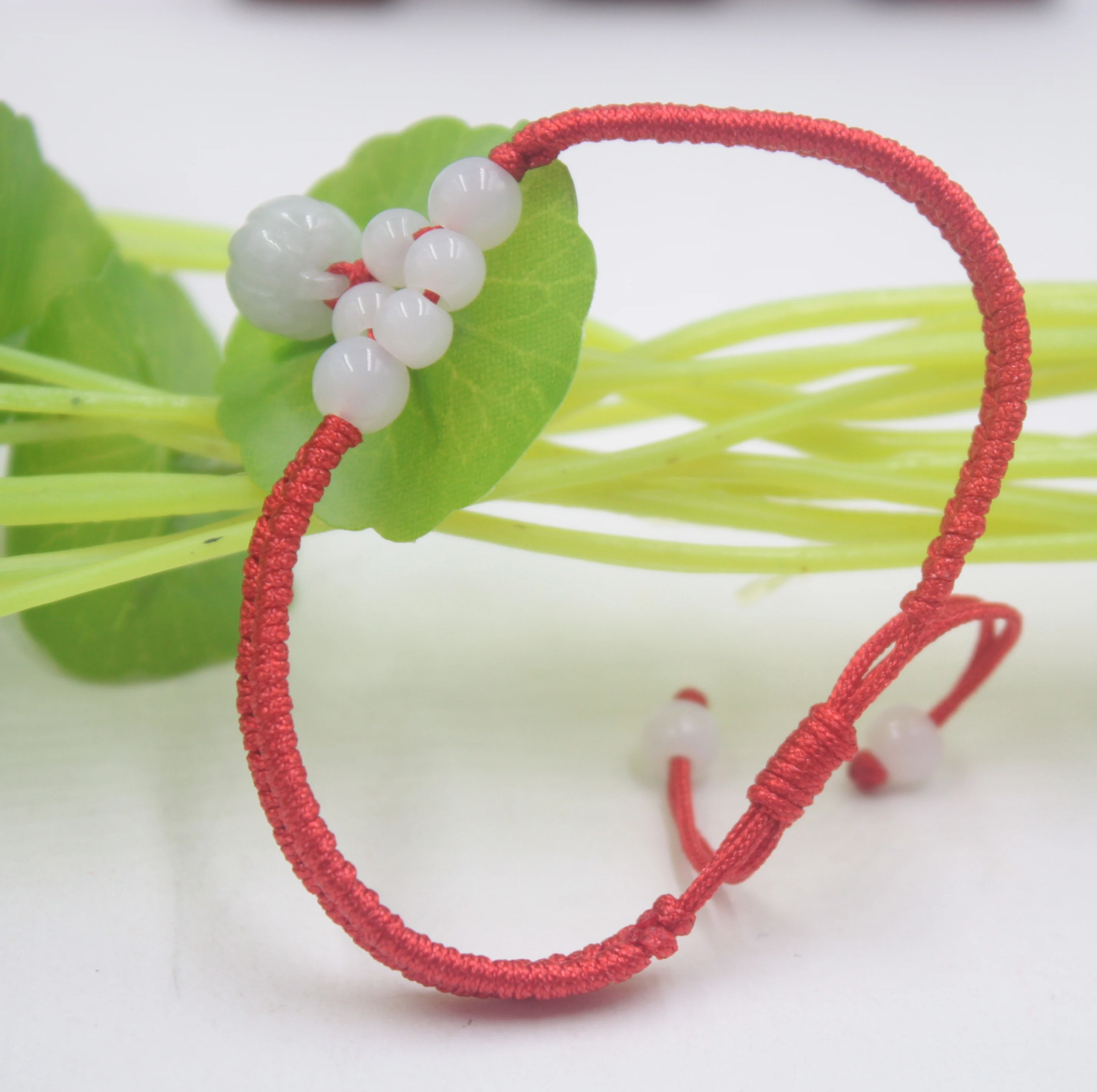 

Real Natural Jade Jadeite Bracelet Round White Small Beads For Women And Men Red Weave Lucky Bracelet 6.3''L