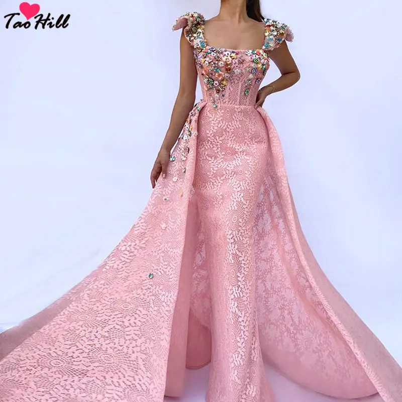 TaoHill/розовое вечернее платье, модные ремни, квадратный вырез, рукава-крылышки, блестящие цветные кристаллы и цветы, вечерние платья для женщин - Цвет: Розовый