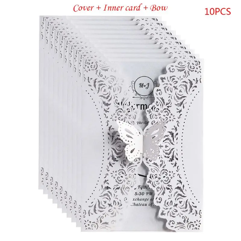  10pcs/set Glitter Laser Cut Lace Wedding Invitation Cards With Butterfly Bow For Wedding Bridal Sho - 33048630020
