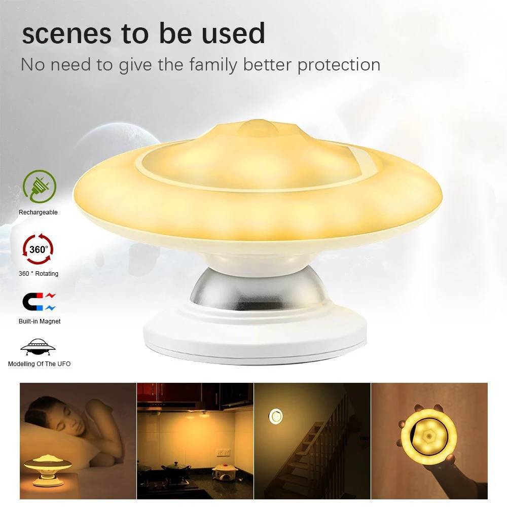UFO 360 градусов вращающийся USB Ночной свет датчик движения внутри человеческого