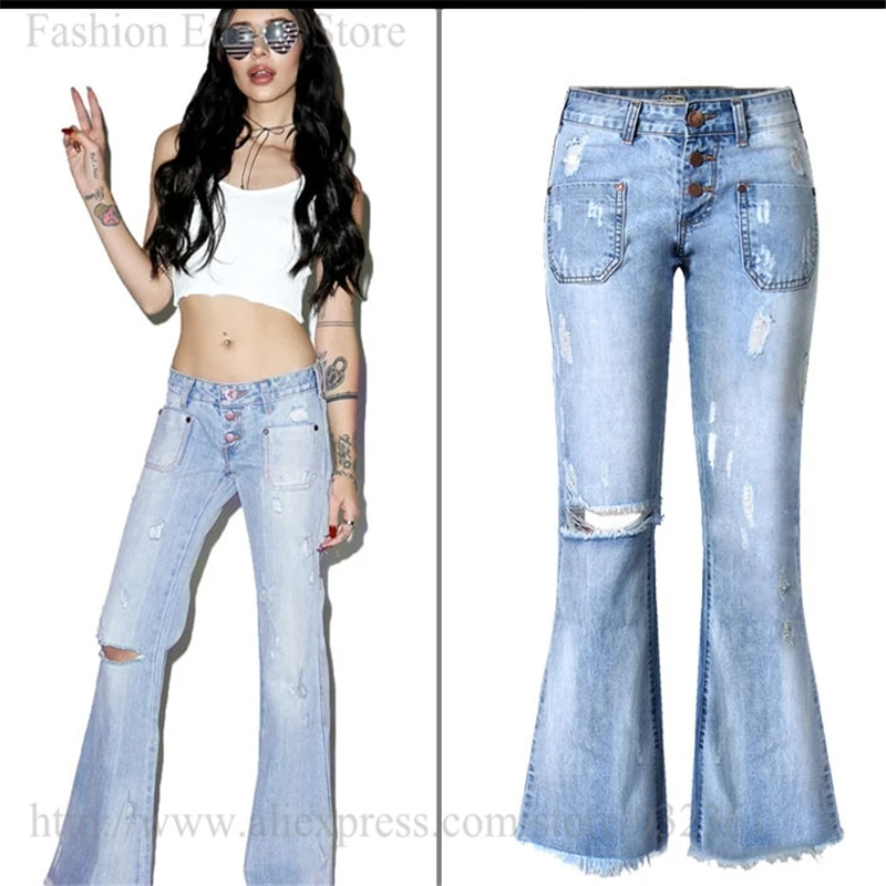 Euro Retro Punk broken Hole Flare Jeans Women Streetwear