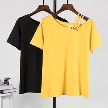 Футболка для полных хлопка 3XL 4XL 5XL с круглым вырезом и коротким рукавом Повседневная женская летняя одежда однотонная модная черная Корейская стиль 82976