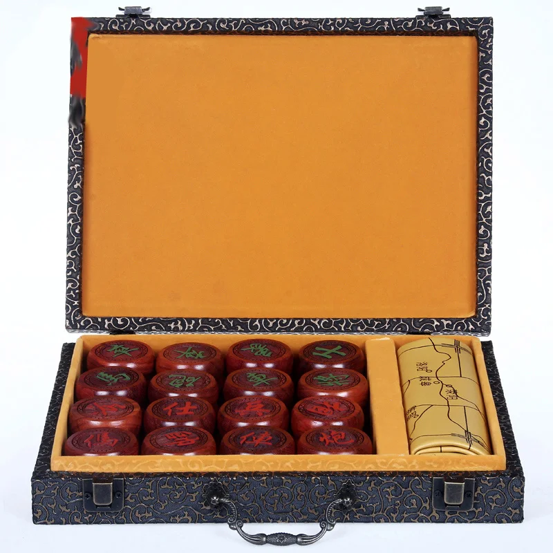 High-grade Ebony&Safflower Pear Wooden Chinese Chess Large Pieces Boutique Box Loading Simulation Leather Chessboard Games Gifts