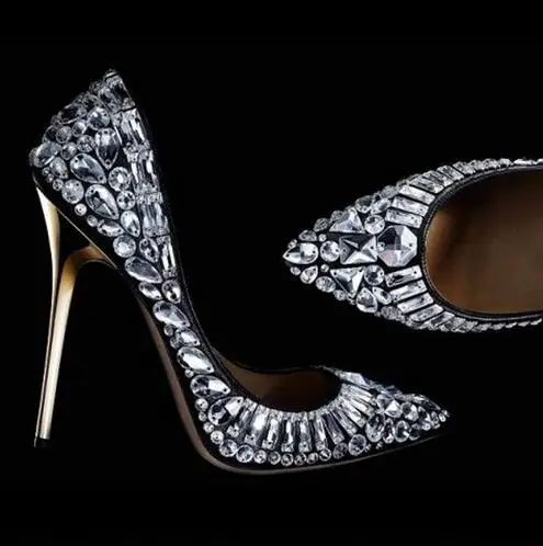 Элегантный драгоценными камнями Кожаные туфли-лодочки Для женщин обувь на высоком каблуке с украшением в виде кристаллов Украшенные Туфли под платье острый носок, без шнуровки, на Стразы свадебные туфли невесты