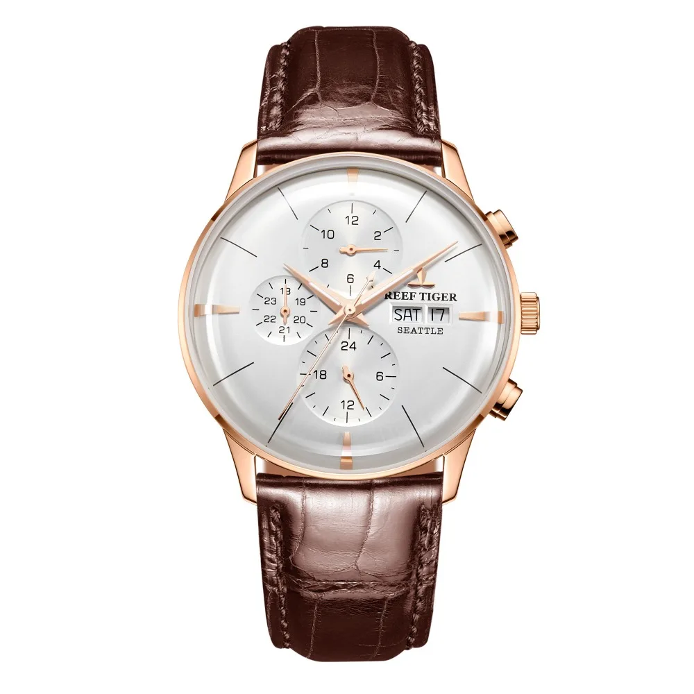 Reef Tiger/RT Топ брендовые Роскошные автоматические часы Reloj Hombre многофункциональные модные часы из розового золота с кожаным ремешком RGA1699