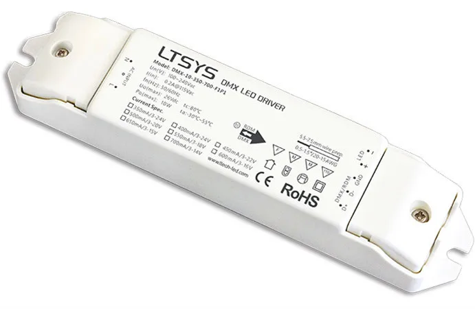 DMX-10-350-700-F1P1 10 Вт/350mA-700mA CC DMX затемнение драйвер 100-240VAC и DMX512/RDM PUSH DIM вход 100mA-400mA * 1CH