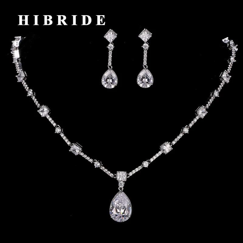 

HIBRIDE High Quality Korean Style Women Bridal Jewelry Set AAA Cubic Zircon White Gold Color Necklace Earring Sets N-183