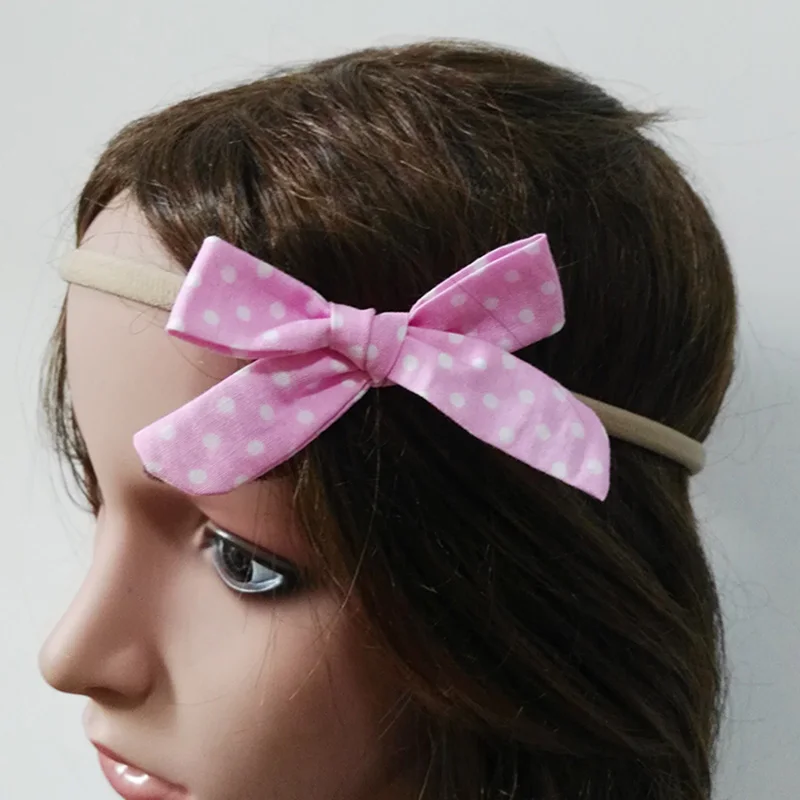 Lovely Dots Hair Bows Nylon Headband for Kids Cotton Fabric Bow Elastic