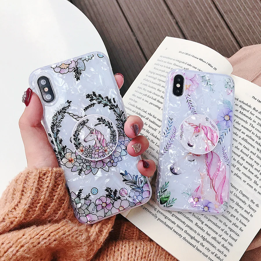 Lovely Unicorn Flower Case For iPhone X XR Max 7 6 6S 8 Plus Soft Cartoon Cute Bracket Colorful Floral Phone Cases Cover | Мобильные