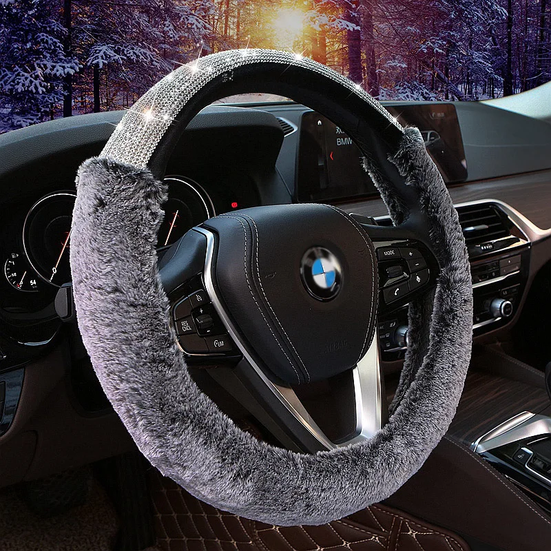 Новый Зимний плюшевый Меховой чехол на руль автомобиля с бриллиантами и