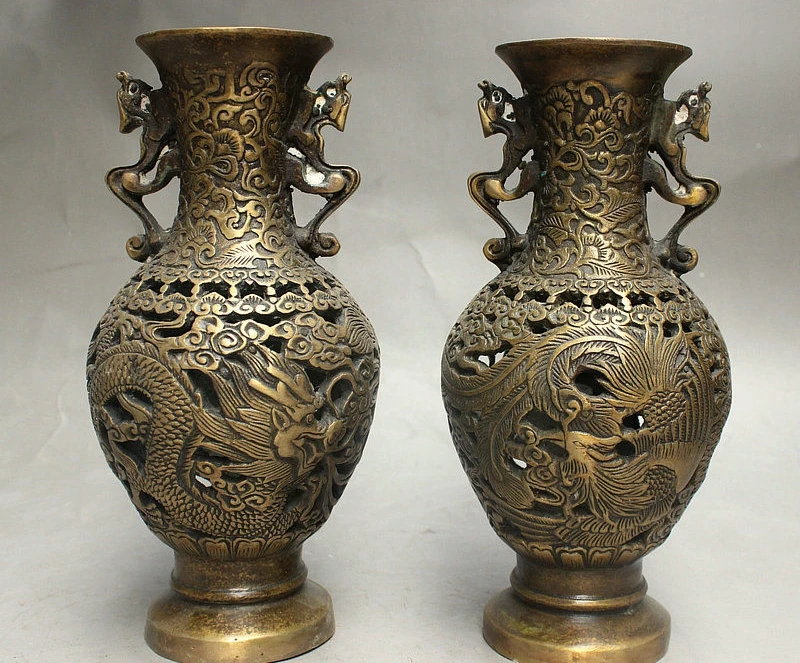 

8" China Fengshui Royal Bronze Auspicious Dragon Phoenix Hollow Bottle Vase Pair