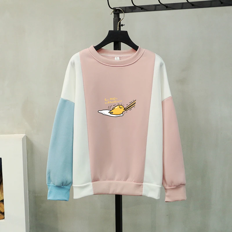 Женские толстовки осень зима Kawaii Gudetama принт аниме мультфильм флис свободные Harajuku контрастные цвета толстовки Одежда