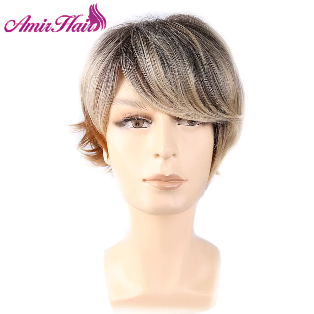 Amir Hair Manly Short Brown Mixed Blonde Fluffy Straight Full Bang Capless Heat Resistant Fiber