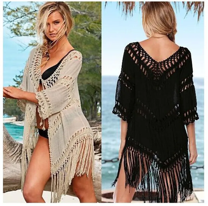 

Beach Dresses Robe Summer Dress Pareo Tunic Cross-Border Fringed Pure-Color Knitted Hollow Cotton Patchwork Summer Beach Dress