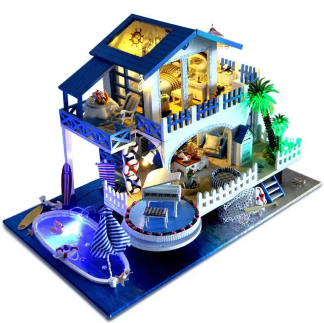 blue sea world doll Beach House Doll House Miniature DIY Dollhouse With