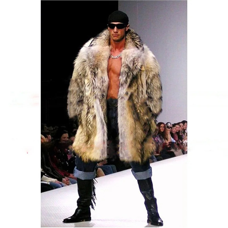 tall leather jacket Autumn and Winter New Men's Large size Loose Fur Coat Imitation Raccoon Hair Long coat Thick Warm Lapel Artificial Fur clothing red leather jacket mens