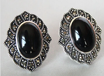 

Bridal jewelry free shipping hot sellNew 925 Sterling Silver Jewelry Black Agate Marcasite Stud Earrings