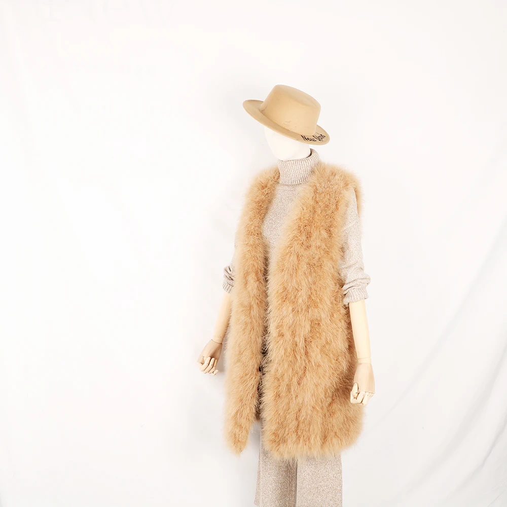 women fur waistcoat of natural ostrich feather New style fluffy autumn winter warm fur vest pink dark green 90cm length V24 Coats