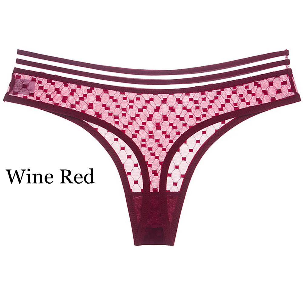 Прозрачное Сетчатое нижнее белье для женщин, одноцветные, низкая посадка, сексуальные трусики, женские стринги и стринги, женские дышащие Бесшовные трусики - Цвет: wine red