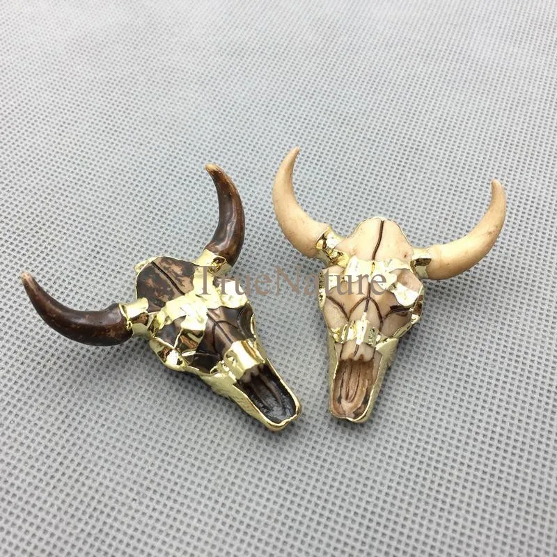 Brown or Light Tan Buffalo Cattle Skull Pendants Gold Electroplated