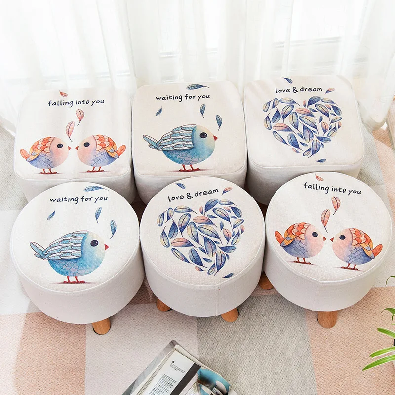 

Modern Upholstered Footstool Nordic Round Pouffe Stool Wooden Leg Pattern Round Fabric Lazy Child Stool Solid Wood CE2019/10