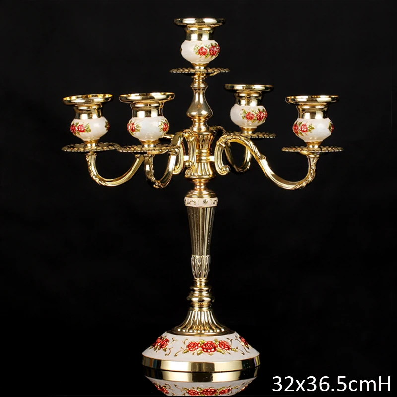 

Vintage Gold Plating White with Red Rose Branches Hand Painted Home Decor Tabletop Metal Alloy 5 Pieces Stick Candle Holders