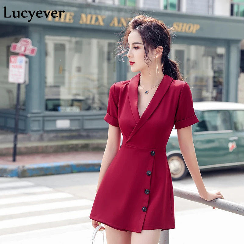 

Lucyever Sexy Women Jumpsuits Summer Elegant Notched Collar Short Sleeve High Waist Single-Button Slim Red Rompers Wide-Legged