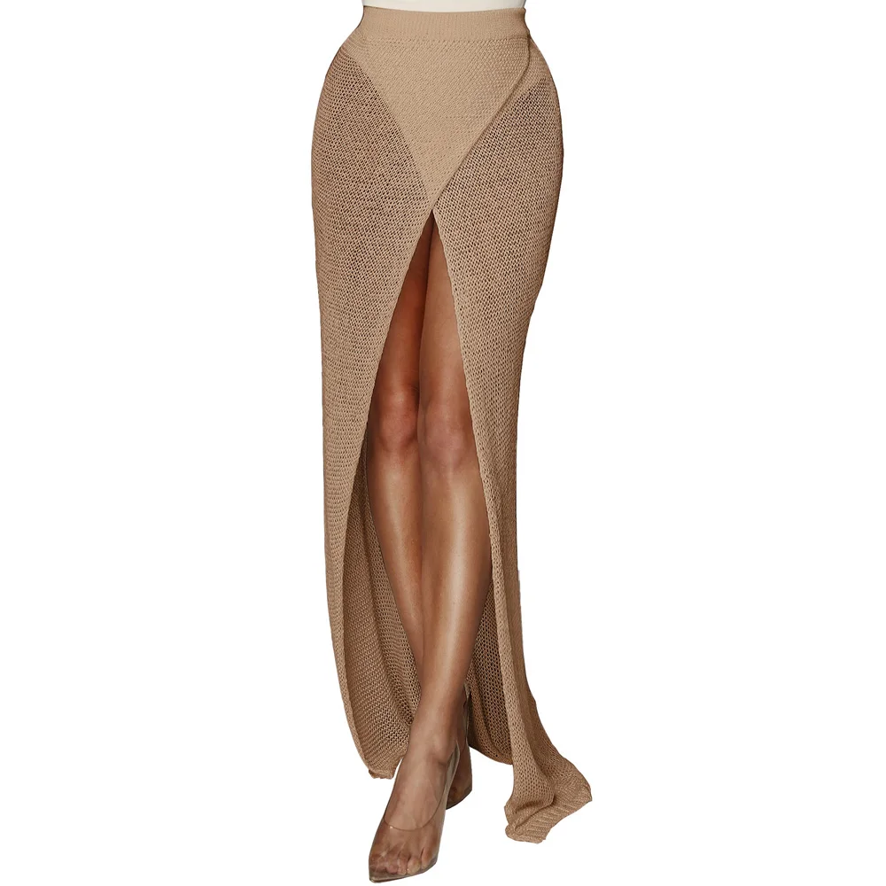 

New Arrival Summer High Waist Casual Bohemian Holiday Women Elegant Skirt Sexy Holow Out High Split Party Knitted Pencil Skirt