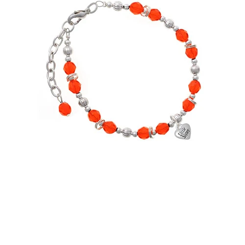 Silvertone Mini 3-D ''Little Sister'' Heart Orange Beaded Bracelet