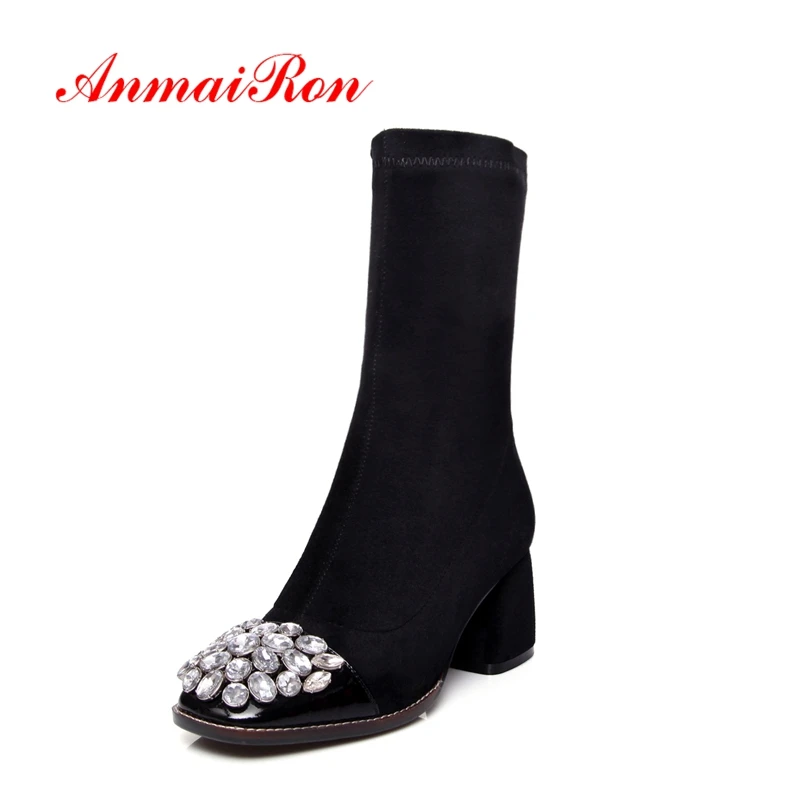 

AnmaiRon Womens boots ankle thigh high boots winter boots for girls Beading Big Size 34-43 Causal Zipper Square toe CR1715