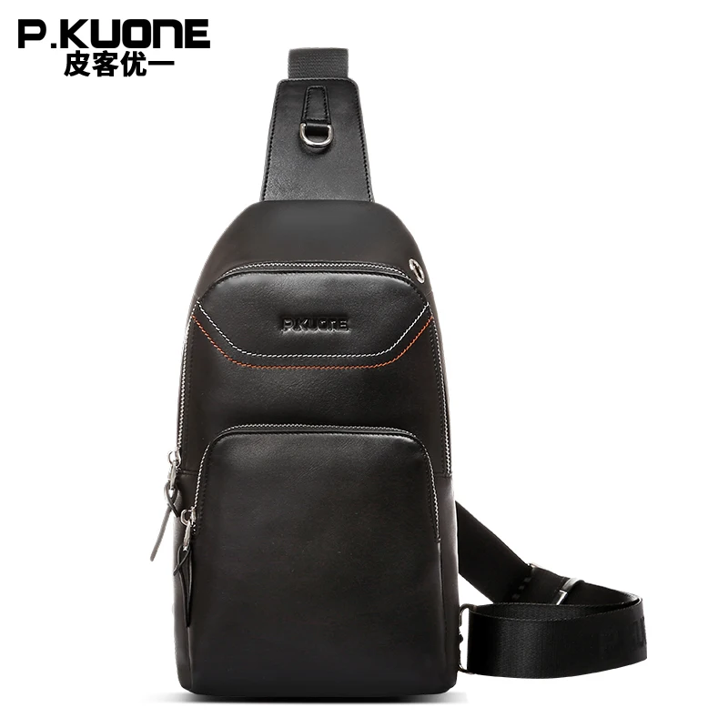 

P.KUONE Fashion Teenager Boys Shoulder Messenger BagBrand Genuine Leather Men Chest Pack Casual Travel Chest Bag Crossbody Bag