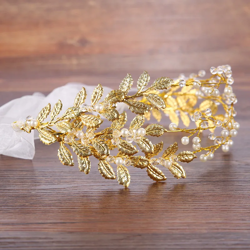 Лента ручной работы Золотые листья обруч жемчужный кристалл ювелирные изделия для волос аксессуары для волос Романтический диадема невесты Тиара короны головной убор