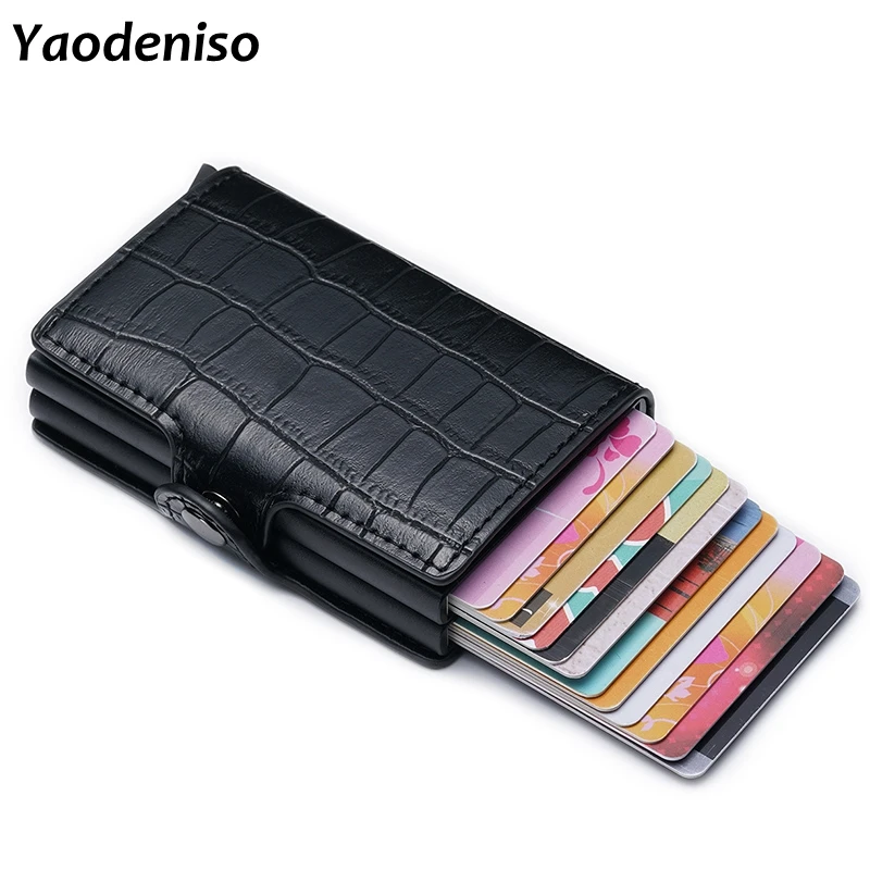 

Men double Aluminum Crocodile pattern Leather Credit Card Holder RFID Metal Wallet Automatic pop up Anti-theft Purse Card Holder