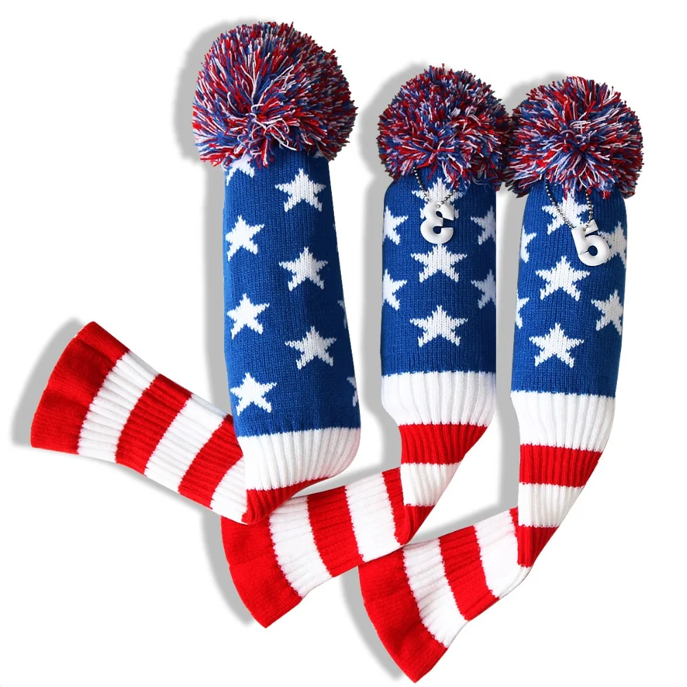 Набор из трех частей США тема белый и синий со звездами помпон головные уборы для гольфа вязаные шерстяные головные уборы для 3 дерева