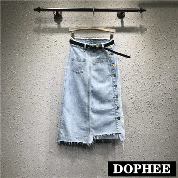 

European New Spring and Summer Irregular Side Single-row Button Jeans Skirt Women High Waist Medium Long Denim Skirts