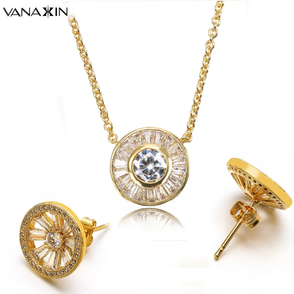 

VANAXIN Cute Jewelry Set Gold/Silver Color Rhodium Plated Full Rhinestone Round Earrings Necklaces Pendants Party Bling Bling CC