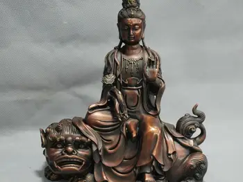 

10'' China Guanyin Kwan-yin Buddha Ride Foo Dog Ruyi Bronze Statue