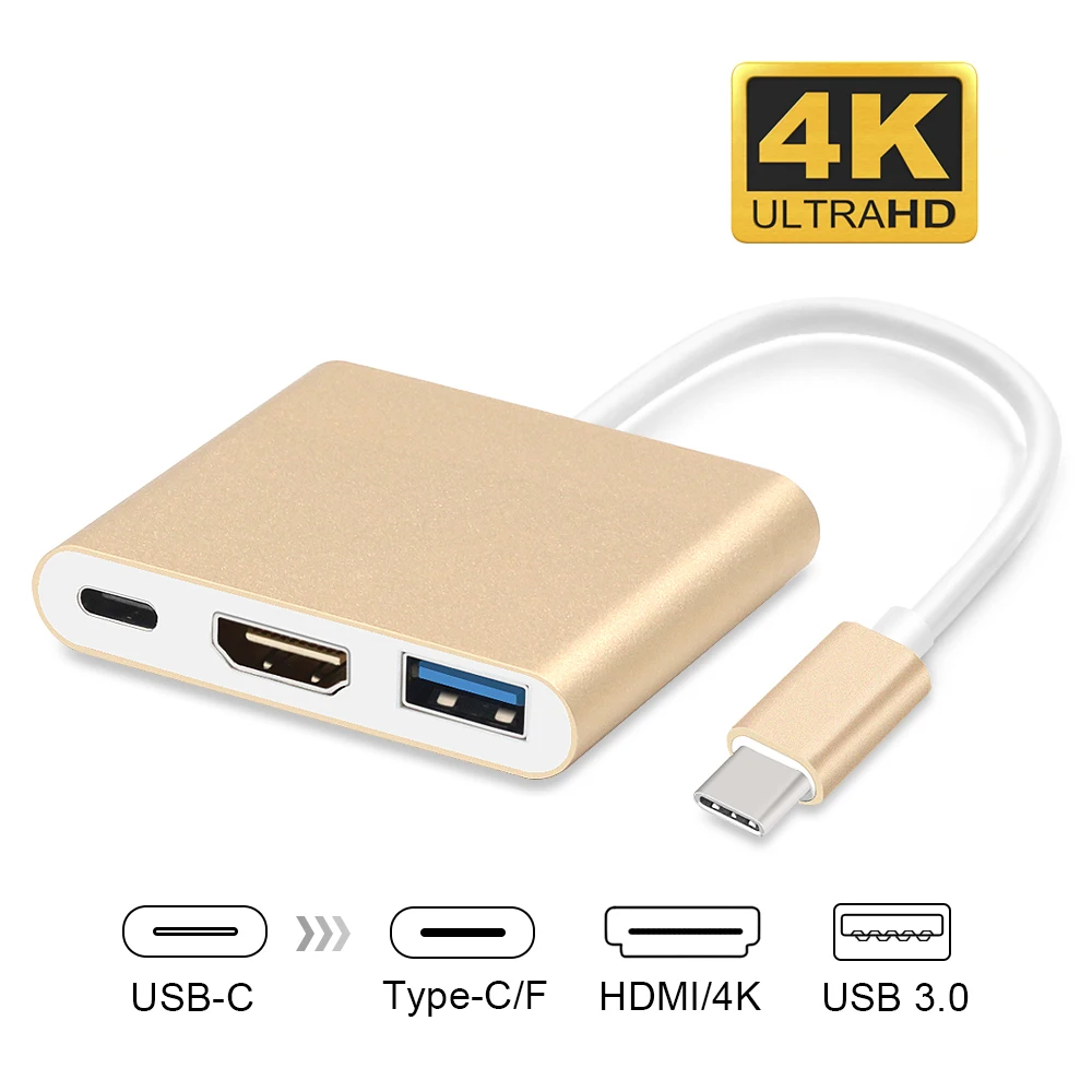 USB C концентратор HDMI USB-C Ethernet адаптер для Macbook Pro Thunderbolt 3, type C концентратор гигабитная Lan 4k кард-ридер+ type-C питания - Цвет: 3 in 1 Gold