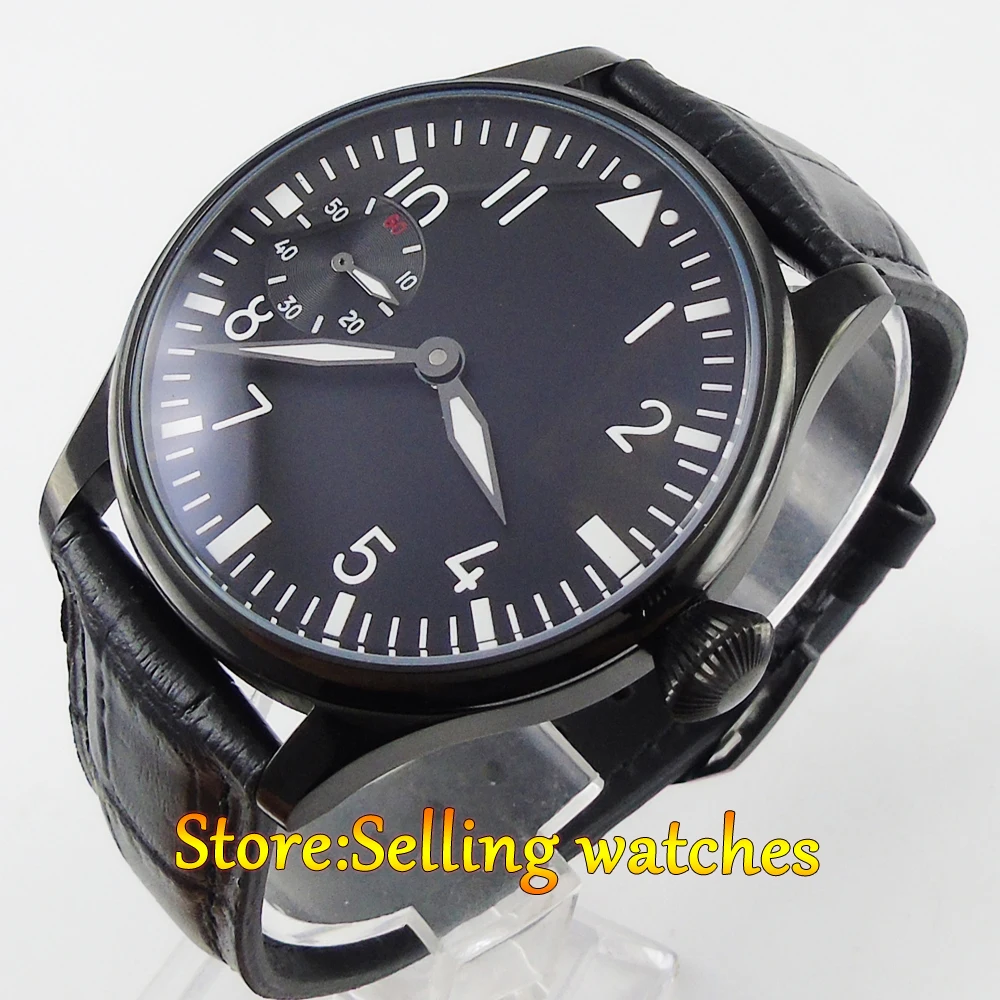 Parnis 44mm Black sterile dial PVD case 6497 hand-winding men's watch