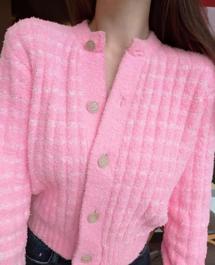 Cute Wool Cardigan Women 2019 Spring Single Buttons Striped Pink Women's Sweater Cardigan Runway Knitted Tops Outwear Streetwear