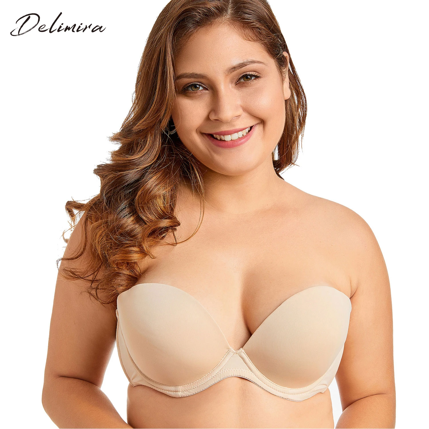 

Delimira Women's Smooth Low Cut Strapless Demi Shell Shape Removable Pad Multiway Strapless Bra