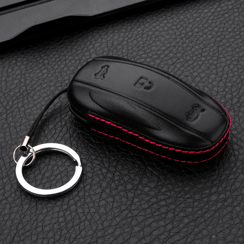

Genuine Leather Key Case Protector For Tesla Model S Model X Automobile Remote Covers Shell Holder with keyring Car Accessories
