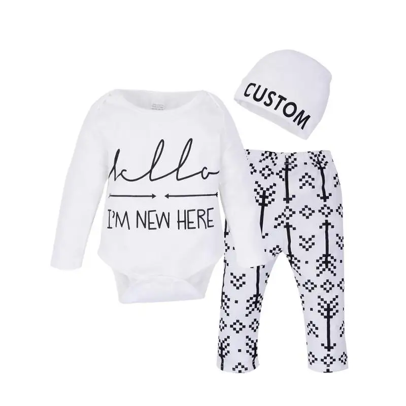 

3pcs Baby Boy Girl Arrow Letter Print Romper + Pants + Hat Outfits Set