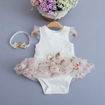 

White Rosette Baby Dress Summer Sleeveless Infant Girls Tutu Dress Party Wedding Dresses & Headband for Princess Girl Clothing