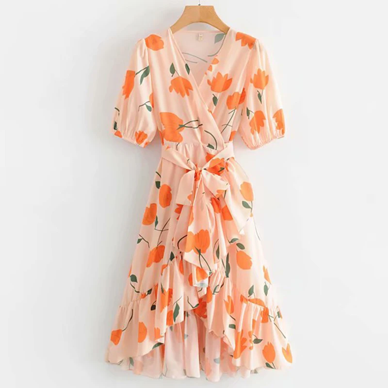 Women's Clothing Dress 2019 Polyester Vintage Tulip Print Lace Up Dress Ms Summer Sexy Slim Fit Stylish Temperament Clothing
