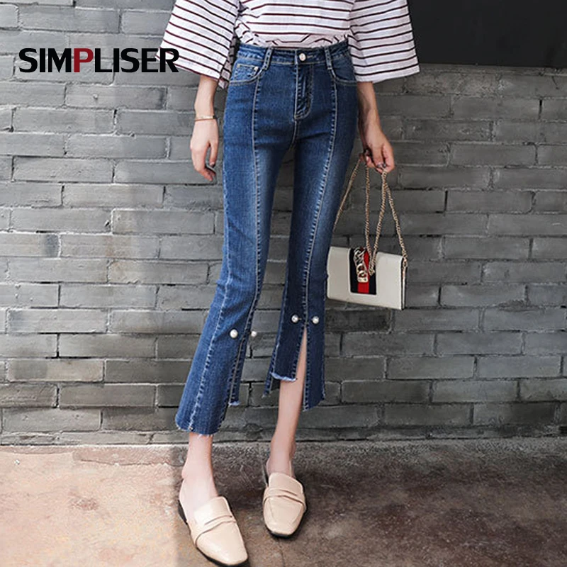 Beading Women Denim Blue Black Jeans Pants Slim Fit Flared Ladies Mid Waist Trousers Plus Size 32 Femme Pantalon Capri | Женская одежда